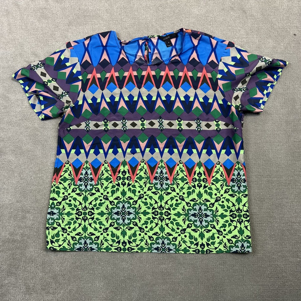 J.Crew Silk Top Womens 6 Geometric Damask Mixed Print Short Sleeve Blouse